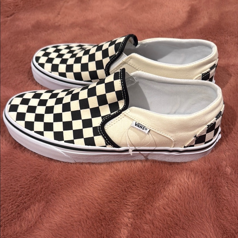 Vans Women’s Cream and Black Checkered Slip-On Sneakers